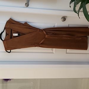 Brown suede, cap sleeves wraparound midi dress